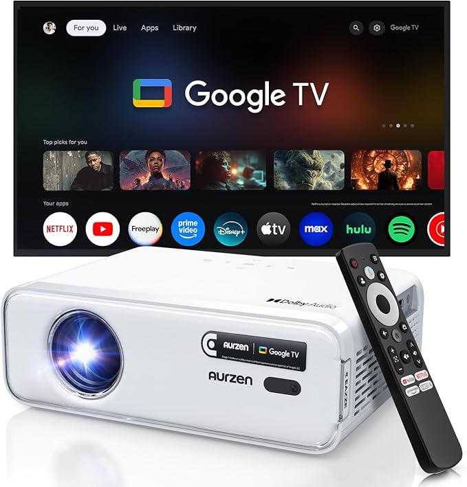 Aurzen EAZZE D1G Christmas Gifts, 4K Supported Google TV Smart Projector with WiFi & Bluetooth, Auto Focus & Keystone, Dolby Audio, Zoom, Movie, Portable Mini Projector for Home & Outdoor Use