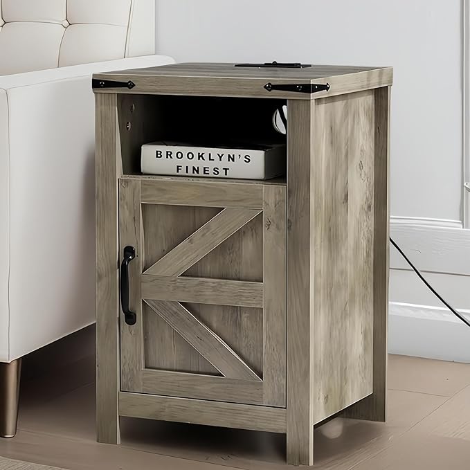 Grey Farmhouse Nightstand Set of 2, Rustic End Table with Barn Door and Shelf, Bedside Table with Charging Station for Living Room, Bedroom