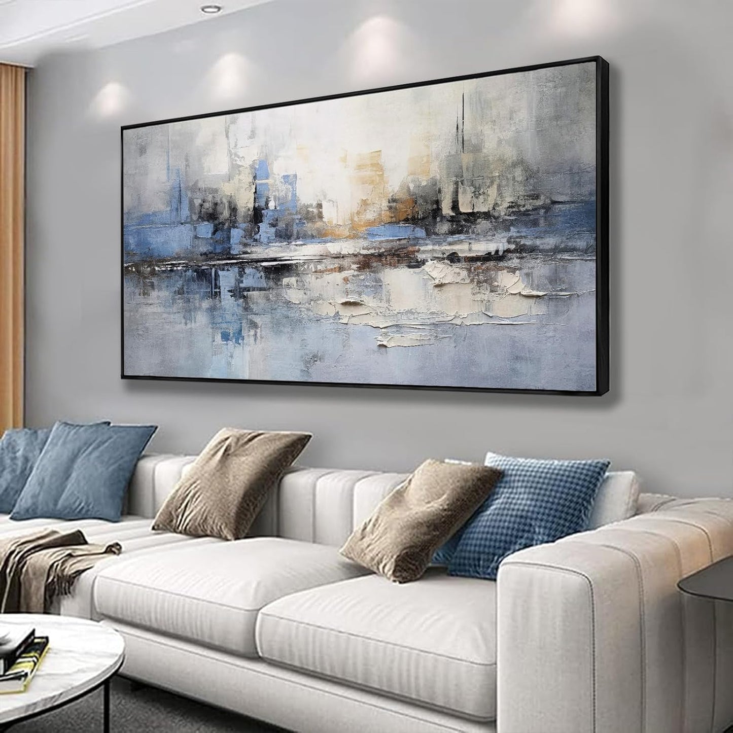 Abstract Wall Art Wall Decor Blue and Gray White Modern Canvas Art Print Abstract Artwork Framed Pictures for Living Room Bedroom Bathroom Office Home Decor Can Be Hung Directly 20"x 40"