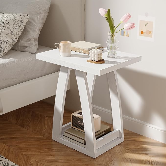 End Tables Living Room, Side Table Beside Sofa, Nightstand for Bedroom, Couch Side Table with Shelf, Modern End Table for Living Room, White End Table Set of 2