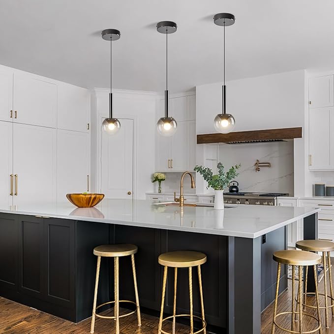Globe Pendant Lighs for Kitchen Island,Modern LED Black Hanging Light Fixture with Gradient Smoke Glass Globe Glass Adjustable Ceiling Lights for Restaurant bar Sink Bathroom Entryway (3-Pack)