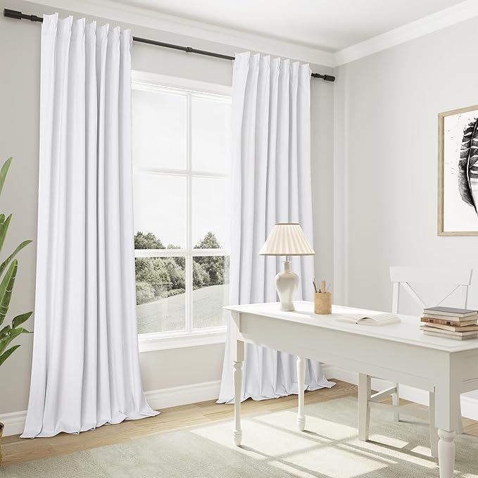 Joywell 100% Blackout Linen Curtains 102 Inch Long,Pinch Pleated Back Tab Drapes with Hooks Room Darkening Thermal Insulated Noise Reducing for Bedroom Living Room,W40 x L102,White,2 Panels