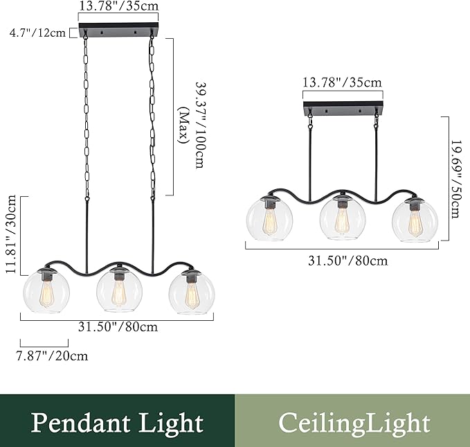 3-Light Black Pendant Light & Semi Flush Mount Ceiling Light, Industrial Farmhouse Linear Chandelier for Kitchen Island, Dining Room, Glass Globe Hanging Fixture