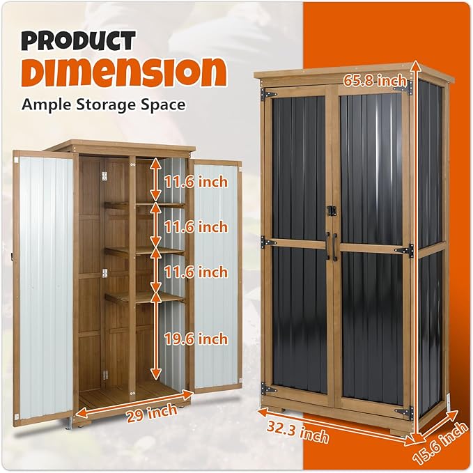 Outdoor Storage Cabinet with Shelves, Wood & Metal Storage Shed with Weatherproof Roof, 3 Removable Shelves, Double Lockable Doors, Adjustable Feet, Outside Storage Cabinet for Garage, Patio, Backyard