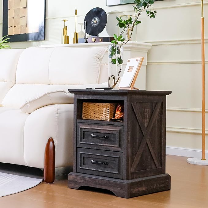 ALBAD Farmhouse Nightstand with Charging Station Rustic Bedside Table with 2 Drawers and Cubby Storage End Table with Metal Handle for Bedroom Office, Walut Brown