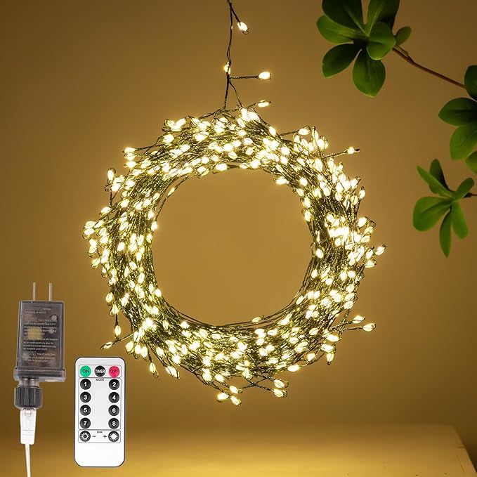Firecracker Fairy Lights,20FT 200Leds Waterproof Twinkle Lights Plug in,8 Modes Remote String Light for Indoor Outdoor Christmas Wedding Birthday Patio Garden Decor,Green Wire,Warm White