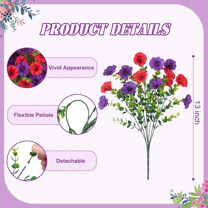 Artificial Flowers for Outdoors Decoration, 10 Bundles Fake Plastic Flower Plant, Faux Colorful Silk Morning Glory Eucalyptus for Spring Summer Outside Garden Porch Front Door Decor, Red Purple