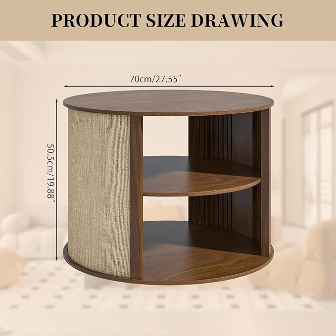 Round Coffee Table with Storage, 2-Tier Boho Mid Century Modern Wooden Center Coffee Table with Adjustable Shelf, Sackcloth Finish, Farmhouse, for Living Room, 27.5 Inches, Walnut