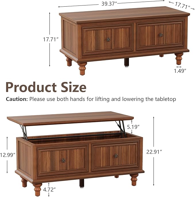 Lift Top Coffee Table with Storage, 39" Wood Rectangular Center Table with Lifting Top, Sturdy Space-Saving Dining Table for Living Room Home Office Small Space (Walnut)