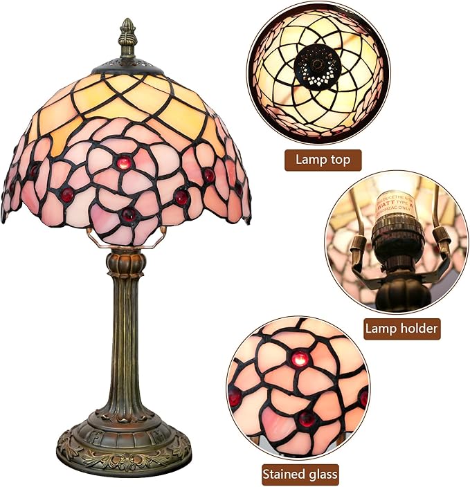 Tiffany Lamp Stained Glass Table Lamp 8X8X14 Inches Desk Reading Light Decor Beside Bedroom Living Room Home (H-1055- Cherry Blossom)