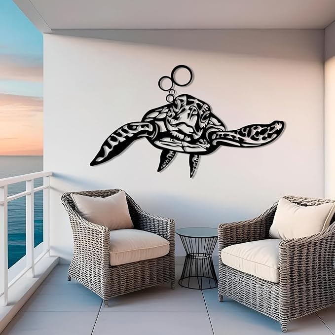 Metal Sea Turtle Wall Art, Metal Turtle Wall Decor, Coastal Wall Art, Nautical Wall Hanging, Turtles Outdoor Decor, Ocean Wall Sculpture, Beach Theme Decorations, Bathroom Art (Black, 30"x20"/76x51cm)