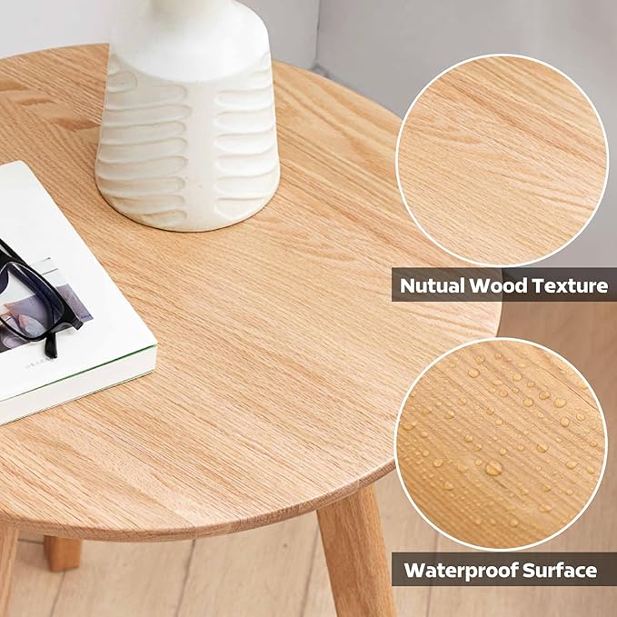 100% Solid Oak Round Side Table, Small Side Table for Small Spaces, 3-Legged Living Room End Tables Set of 2with Stable Frame for Bedroom Couch Side Entryway, Natural