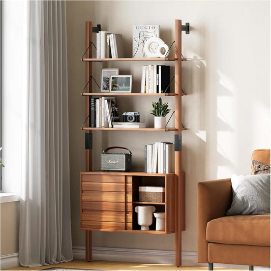 Ladder Bookshelf with Storage Cabinet, Mid Century Modern Wall Mounted Bookcase with Wood and Metal Frame, 6 Tier Open Display Shelves for Living Room, Bedroom, Home Office, Cherry