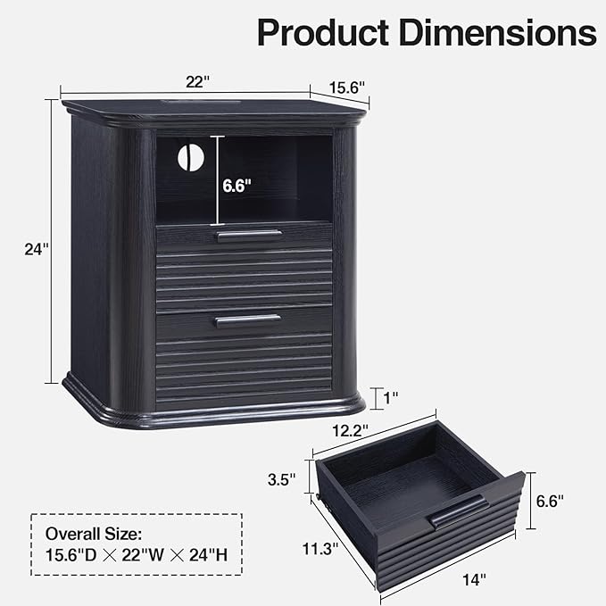 Okvnbjk 22" Wide Fluted Nightstand Set of 2 with Charging Station, 2 Drawer End Table w/Open Storage, Wood Bedside Table for Living Room, Bedroom, Modern Side Tables Curved Profile Design, Black