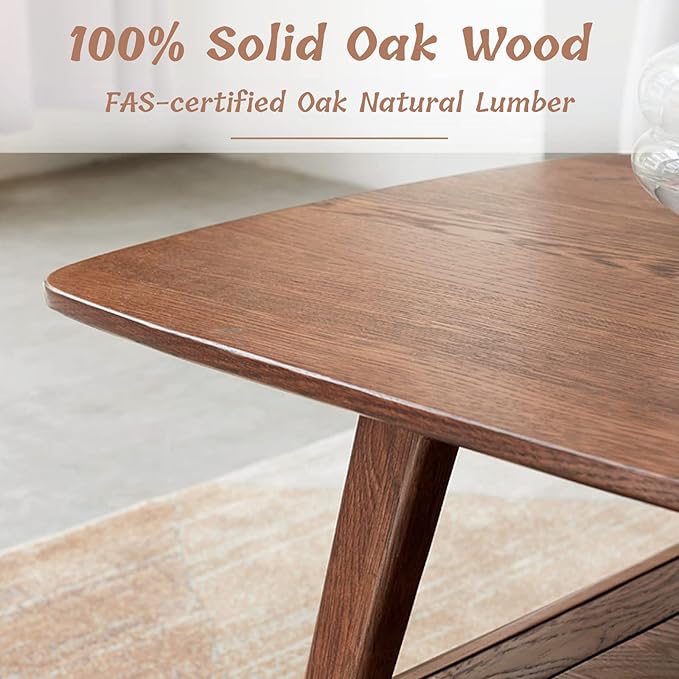 Mid Century Modern Coffee Table: 100% Solid Wood Coffee Table - 2-Tier Storage Design - Practical Coffee Tables for Living Room, Apartment, Easy Assembly (Walnut, 47.24")
