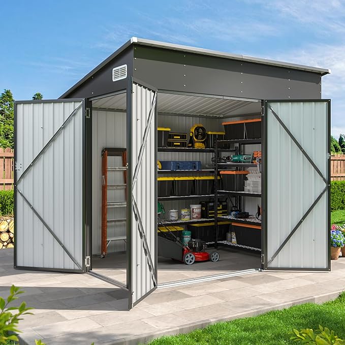 Aoxun 7.5'x4' Triple Door Shed Outdoor Storage Shed with Three Lockable Door for Easily Accessing Metal Storage Cabinet with Slopping Roof for Tools Bicycles Storage for Garden, Backyards (Black)