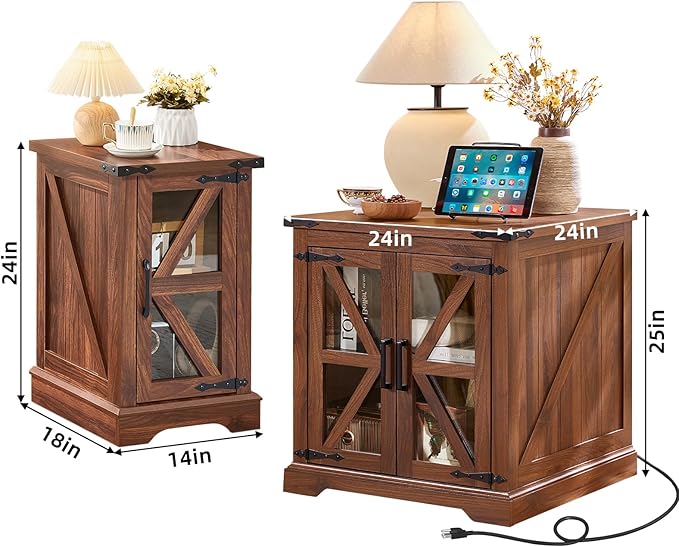Farmhouse End Tables Living Room Set of 3, Small Night Stand and 24" Large Side Table with Charger Station, Wood Furniture Sets, Nightstand Bedside End Table for Bedroom