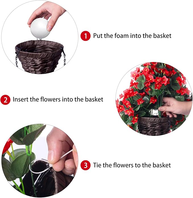 HyeFlora Artificial Fake Red Hanging Flowers Plants Basket for Outdoor Outside Winter Christmas Decor, Faux Silk Daisy Flower Look Real UV Resistant Orchid Vine Plant for Porch Garden Yard Patio Home
