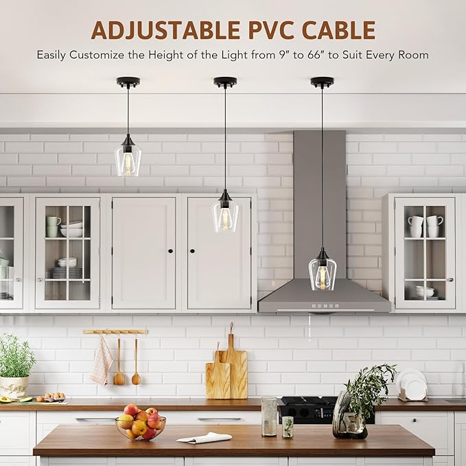 VONLUCE Pendant Lights Kitchen Island, Matte Black Pendant Light Fixtures with E26 Base & Adjustable Cable, Modern Pendant Lighting with Glass Shade for Living Room Bedroom Hallway, 3 Packs