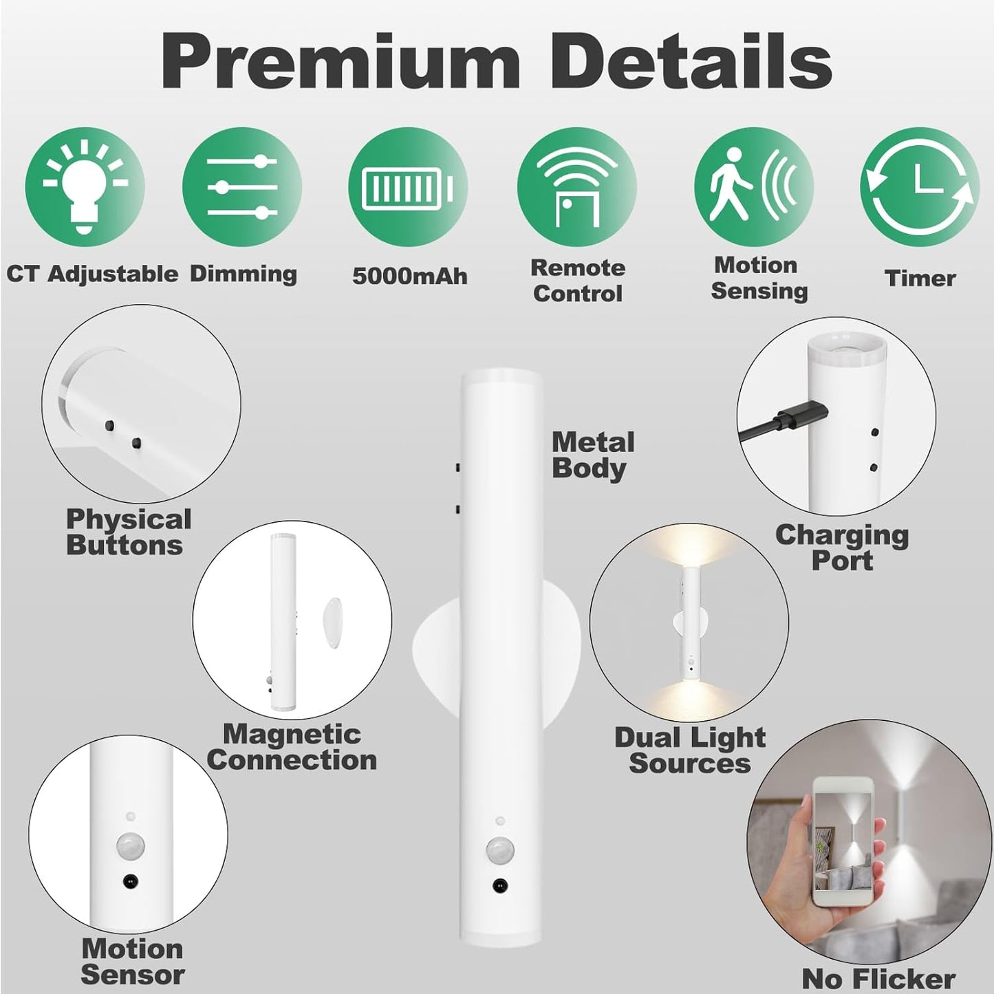 Battery Operated Wall Sconce Set of Two, Rechargeable Wall Lights with Motion Sensor, Remote Control, Dimmable Metal Magnetic Wall Lamp for Decor, Bedroom, Night Light (White, 2 Pcs)
