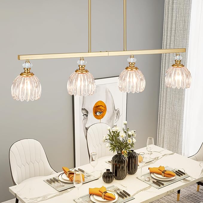 Gold Island Light for Kitchen, 4-Light Linear Chandelier for Kitchen Island with Tulip Glass Shades, Brushed Gold Finish Hanging Light Pendant Fixture Over Dining Table