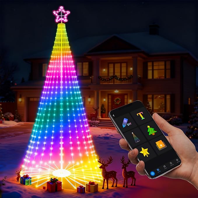 Outdoor LED Christmas Tree 12ft, 832 LED RGB Smart Christmas Tree with Music Sync, APP & Remote Control, DIY Multi-Color Light Show, Waterproof IP44 for Yard Lawn Patio Holiday Decorations