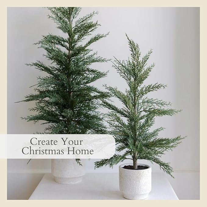 CG Hunter Holiday Collection, Set-of-2 Faux Evergreen Cedar Trees, Premium Artificial Indoor & Outdoor Cedar Tree Stands 24" Tall in Creme Pot–Perfect Christmas Decoration