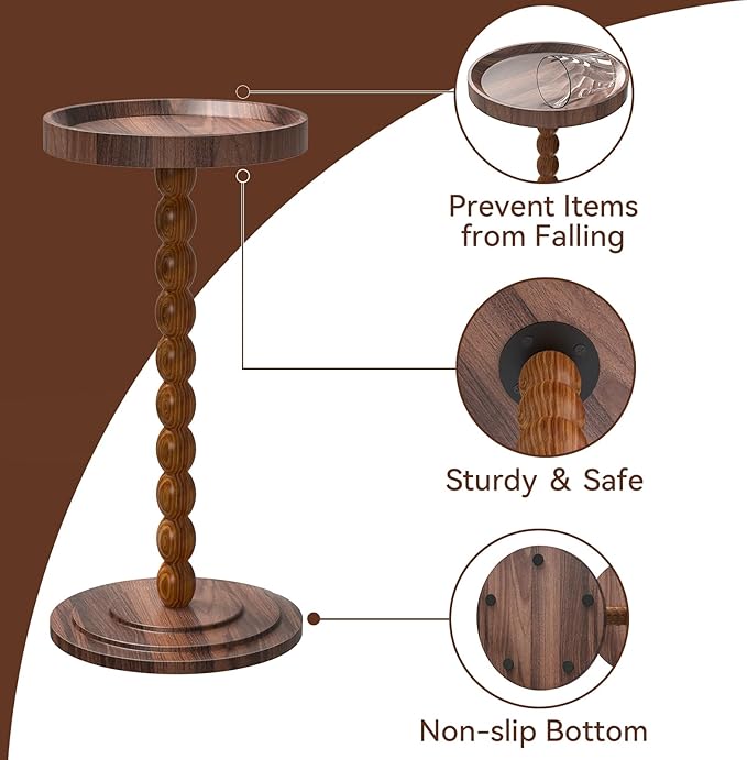 Round Side Table, Small Drink Table for Small Spaces, Martini Table with Raised Edge, Pedestal Side Table for Living Room, Bedroom,Sofa and Couch