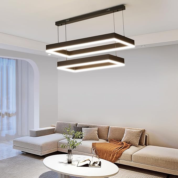 Modern Pendant Light Fixture, LED Black Chandelier for Kitchen Island, 2 Layer Rectangle Adjustable Height, Dimmable 3000K-6500K Ceiling Hanging Light for Dining Room Table, Bedroom, Living Room