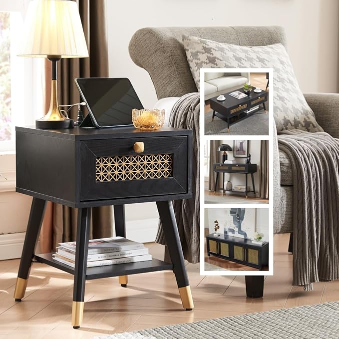 Black Farmhoue Side Table with Charging Station - Small Rustic Nightstand with USB Ports & Outlets, Storage Drawer & Open Shelf, Mid Century Modern Style Furniture for Living Room, Bedroom