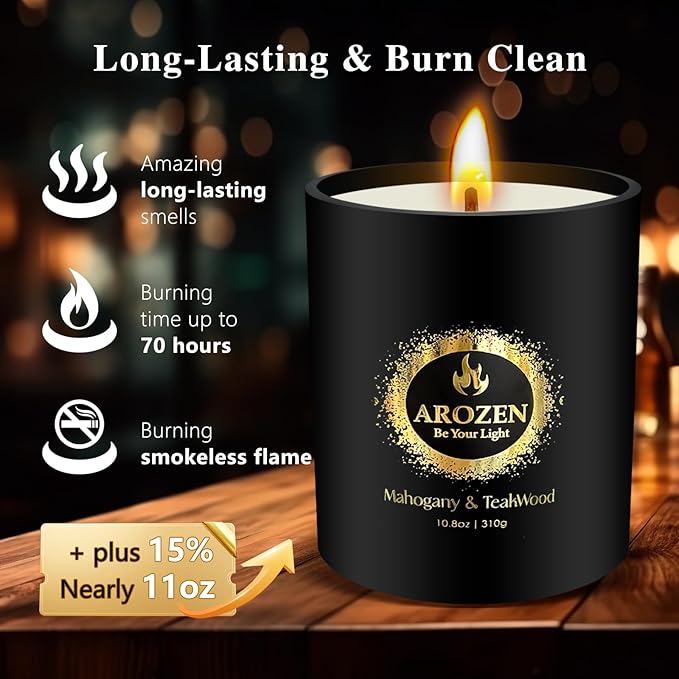Mahogany Teakwood Scented Candles, Gifts for Men, Father's Day Holiday Chrismas Candle Gifts, Black Soy Candles for Home Scented, Extra Large with 70H Long Lasting Burn 10.8oz