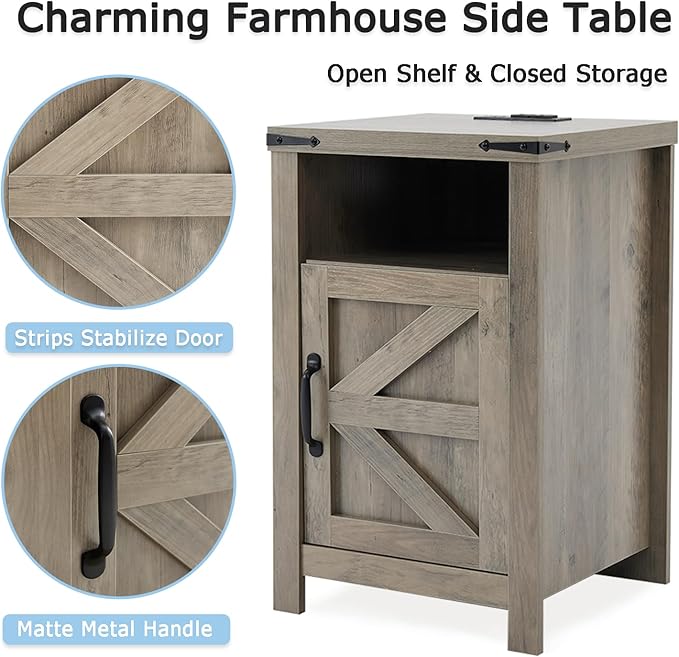 Grey Farmhouse Nightstand Set of 2, Rustic End Table with Barn Door and Shelf, Bedside Table with Charging Station for Living Room, Bedroom