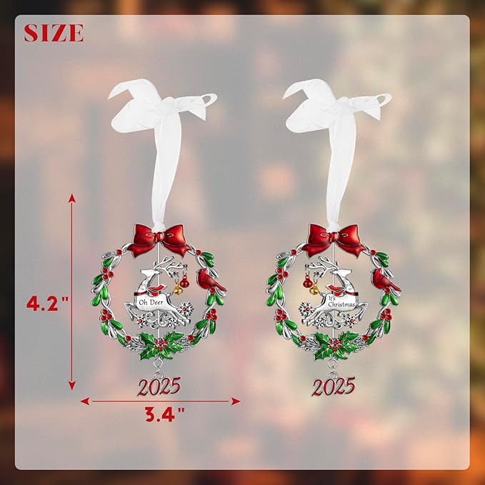 Christmas Tree Ornament Metal Silver Hanging Rotatable Design Charm Holiday Decorative Pendant Gift Keepsake (2025 Deer)