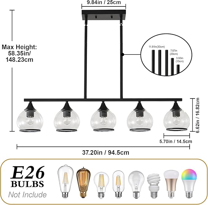 5 Light Round Linear Chandelier Black Modern Glass Hanging Light Minimalist Clear Kitchen Chandeliers Hight Adjustable for Dining Room Island Living Room (Black)