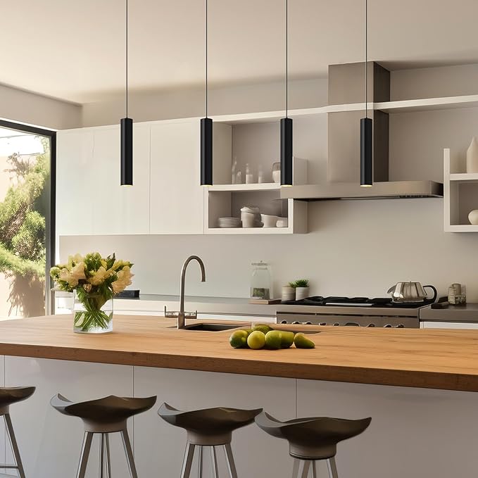 Modern Kitchen Island Black Pendant Light, 1 Light Pendant Line Adjustable Ceiling Pendant with GU10 LED Bulb for Living Room.(3Pack)