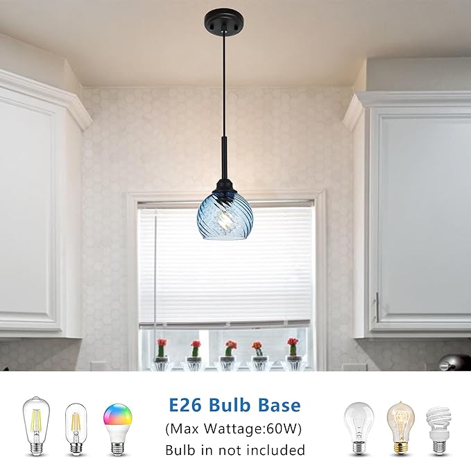 3 Pack Dining Room Light Fixture with Blue Striped Swirl Globe Glass, Stylish Kitchen Island Hanging Pendant Light Black for Bar Hallway Bedroom, 1-Light