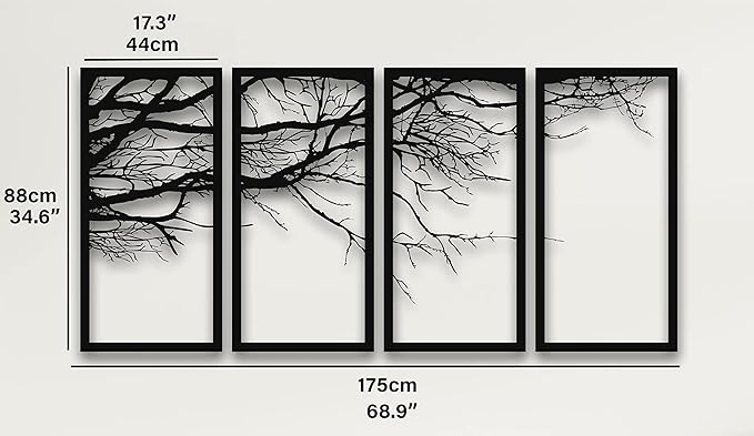 DEKADRON Metal Wall Art - Tree of Life 4 Pieces, Tree Sign, Wall Decor, Interior Decoration, Housewarming Gift, 4 Panels Wall Hangings (69" W x 35" H / 175x88 cm)