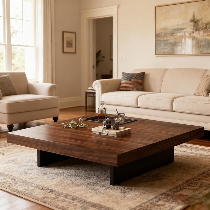 Modern Square Coffee Table for Living Room, Low Profile Wood Center Table with 2" Thick Tabletop & Optional Storage Tray, Sturdy Minimalist Design (31.5"/39.4" Black/Walnut)