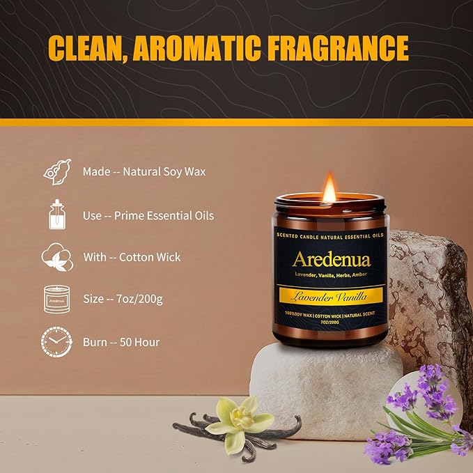Lavender Vanilla Candle - Scented Candles for Home - 7oz Soy Candles with Relaxing Lavender & Sweet Vanilla Aroma, Long Lasting Scented Candle for Home, Bedroom, Spa, Gift for Women & Men