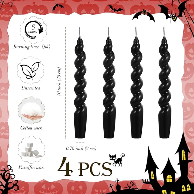 Zhengmy 4 Pcs Black Bleeding Candles Christmas Goth Decor Vampire Tears Spiral Taper Candle Blood Drip Spooky Gothic 7 Inch Twisted Dinner Candlestick for Party Table Decor