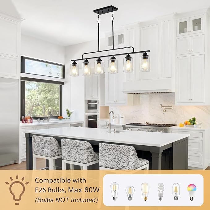Dining Room Light Fixture - Black 6-Light Farmhouse Chandelier Kitchen Island Lights Fixtures Modern Linear Chandeliers Hanging Pendant Lighting Over Table for Dining Room