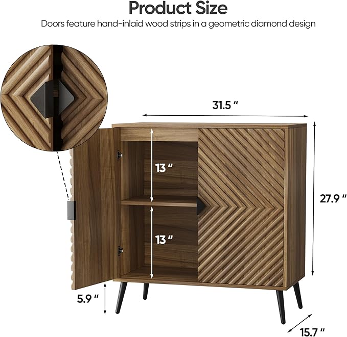 Sideboard Cabinet with Adjustable Shelf, Freestanding Walnut Small Buffet with Storage, Wooden Console Cabinet with Diamond Parquetry Doors for Living Room, Entryway, Console
