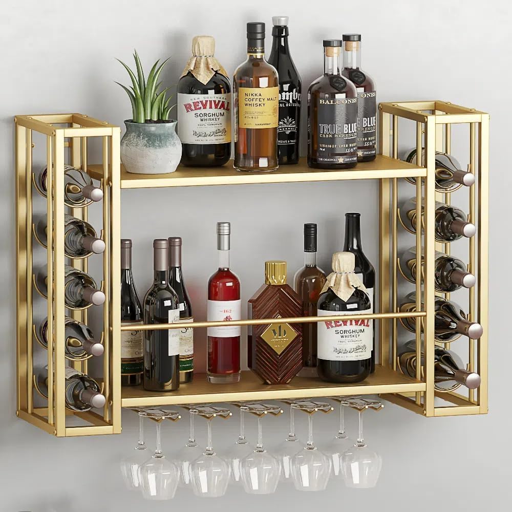 Wall Mounted Wine Rack, Hanging Floating Bar Liquor Shelves with Glass Holder, Metal Bottle Holder Wine Storage Display Shelf for Home Bar, Gold (47.2”W x 9.8”D x 21.65”H)