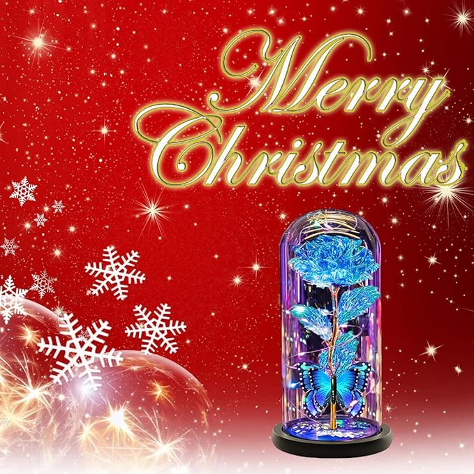 Christmas Flowers Gifts for her Women Mom Wife,Womens Gifts for Christmas, Rose Flowers Gift Light Up Rose in Glass Dome,Birthday Gifts for Woman Blue