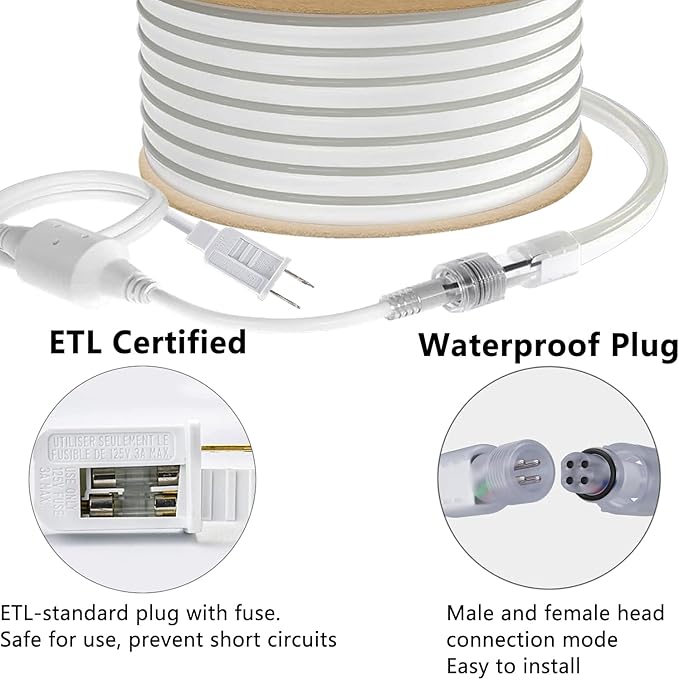 LED Neon Rope Light 65.6ft, Connectable & Cuttable 6000K Daylight Neon Strip, IP65 Waterproof Indoor/Outdoor Lighting for Home & Commercial Use, ETL Listed 120V, Uniform Glow
