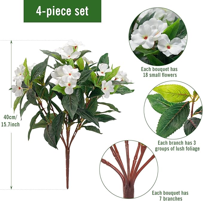 Uqueeten15.7” Fall Decorations for Home Fake Fall Flowers Fake Plants Artificial Impatiens Bouquet Flowers for Outdoors Silk Faux Flowers Impatiens Plants Decor Indoor Planters 8PCS (White) 8pcs