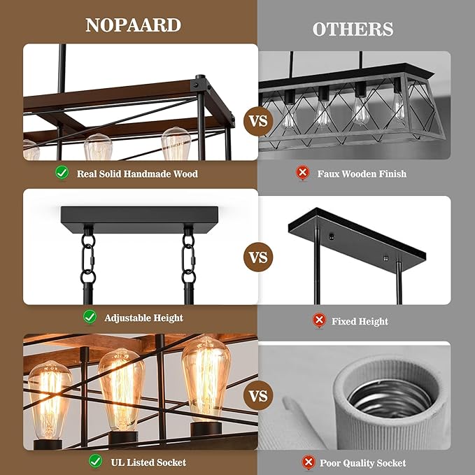 Farmhouse Kitchen Island Lighting, 5-Light Solid Wood 31.5” Dining Room Pendant Light Fixtures, Rustic Chandelier with Adjustable Height for Dining Room Kitchen Bar Pool Table, Walnut Color