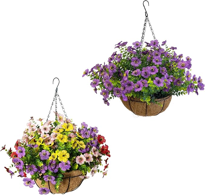 Artificial Hanging Plants Flowers with Basket 2 Packs, Artificial Hanging Flowers for Outdoors, Faux Hanging Plants Outdoor, Blue Fake Flowers, Yellow+Purple+Pink+Red&Purple