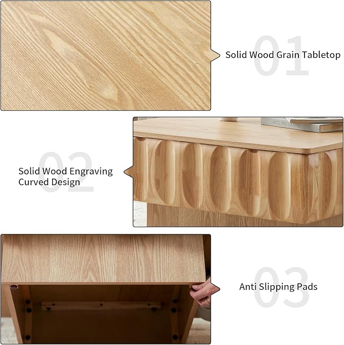 LKTART 31" Lift Top Coffee Table for Living Room, Fluted Coffee Table with Hidden Storage, Mid Century Modern Solid Wood Veneer Square Center Table for Office Apartment Small Space, Natural
