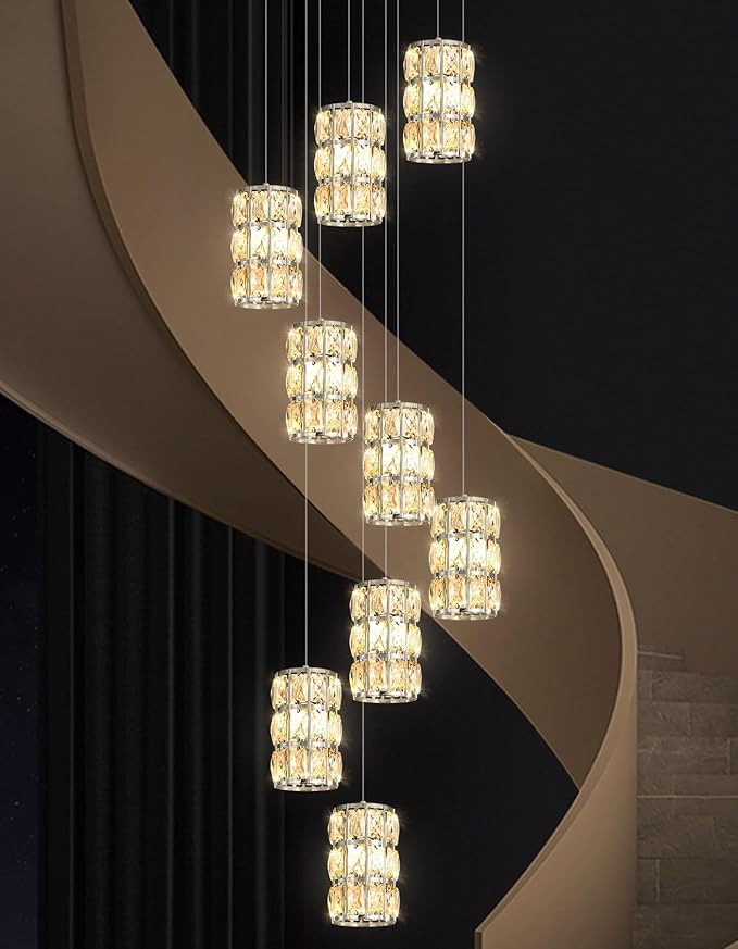 9-Lights Modern Crystal LED Dimmable for Staircase Foyer High Ceiling Chandeliers Hallway Nickel